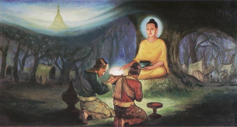 Hai thuong nhan Tupussa va Bhallika, hai nguoi de tu tai gia dau tien, dang cung thuc pham len Duc Phat._1.jpg